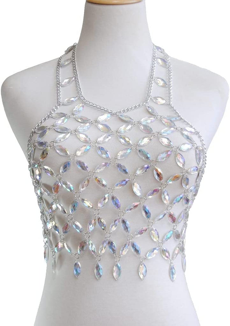 Salliy Boho Body Chain Bra Silver Sexy Rhinestone Bikini Bra Body Halter Backless Sequins Chain Bra Beach Body Accessories Jewelry for Women and Girls (M) Apparel & Accessories > Jewelry > Body Jewelry Salliy