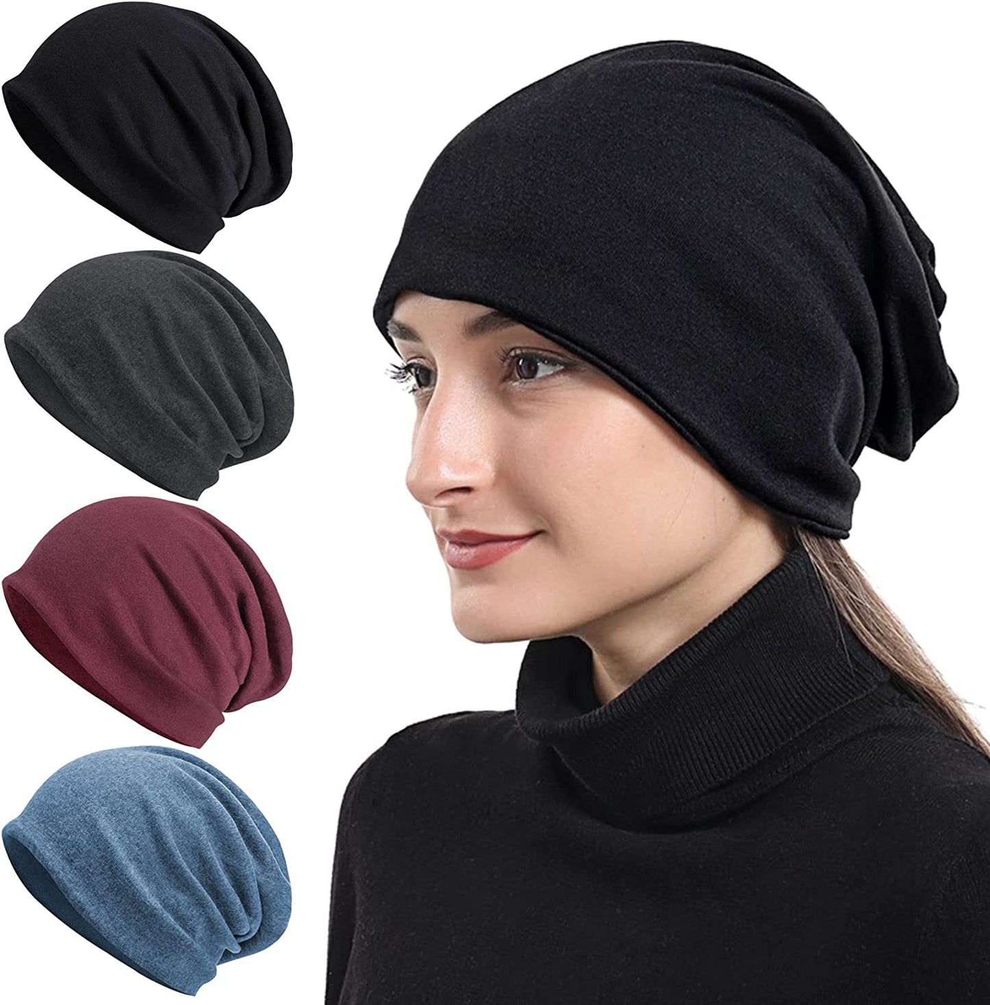 Senker Fashion 2 Pack Cotton Slouchy Beanie Hats, Chemo Headwear Caps for Women and Men Apparel & Accessories > Clothing Accessories > Headwear Senker Fashion X-black/Blue/Wine Red/Dark Grey