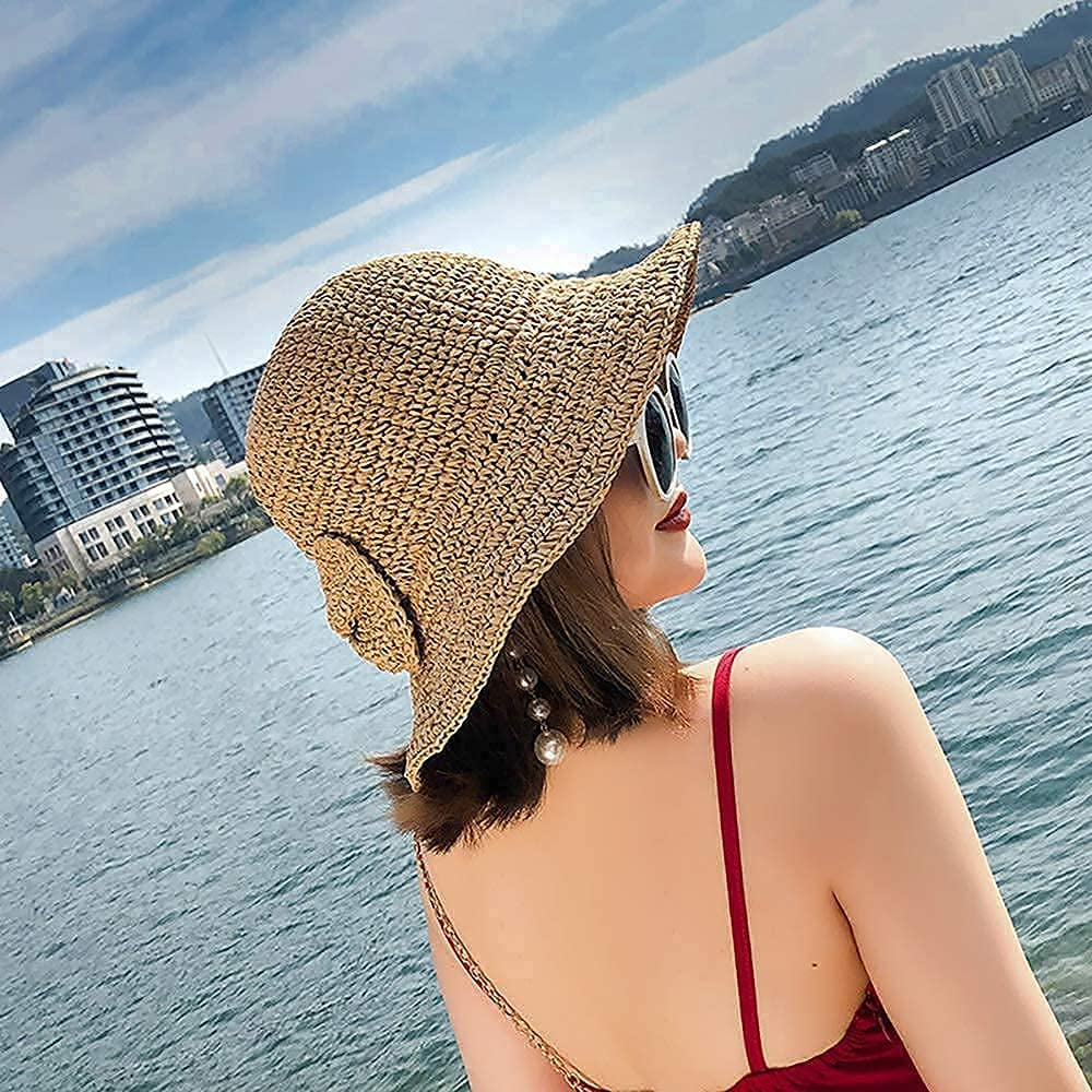 Foldable Wide Brim Floppy Straw Beach Sun Hat,Summer Cap with Bowknot for Women Girls,Strap Adjustable Apparel & Accessories > Clothing Accessories > Hats Bseash