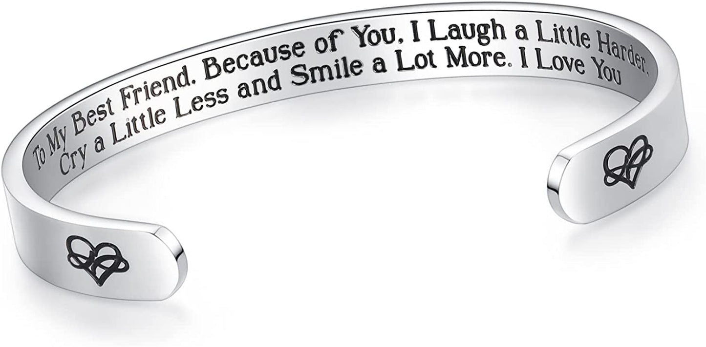 Aryahozel Motivational Cuff Bracelet for Women Girls, Personalized Jewelry Gifts for Her Daughter Mom Sister Niece Best Friends, Engraved Different Sayings Apparel & Accessories > Jewelry > Bracelets AryaHozel 0-Friendship Gift-To my best friend, because of you, I laugh a little harder…