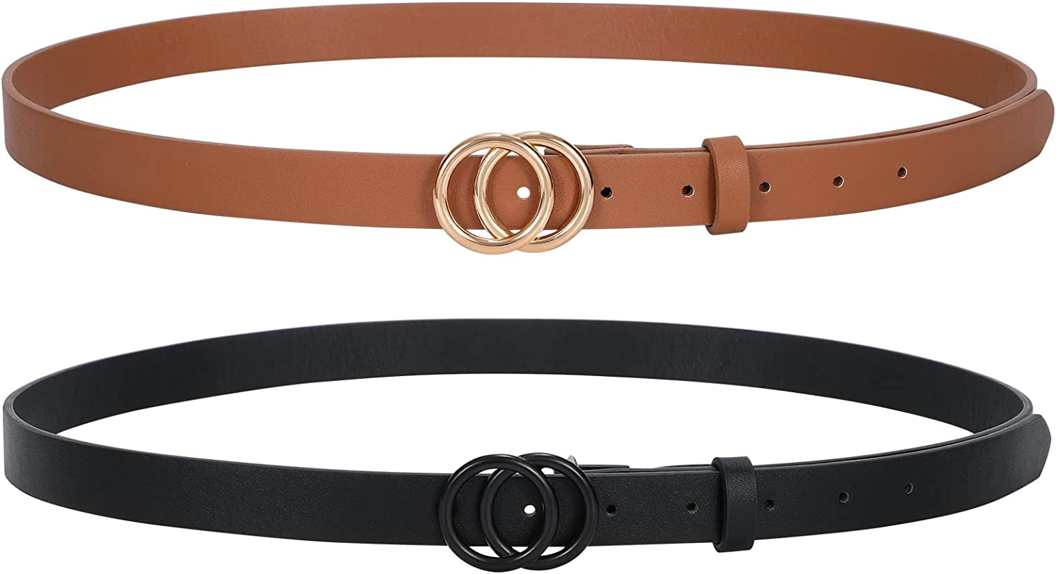 Double Ring Leather Belts for Women SANSTHS O-Style Gold Buckle Skinny Dress Belt 0.86 Inch Width for Jeans Pants Apparel & Accessories > Clothing Accessories > Belts SANSTHS K-black(black Buckle)+brown(gold Buckle) Fit Pants Size 33-38Inch