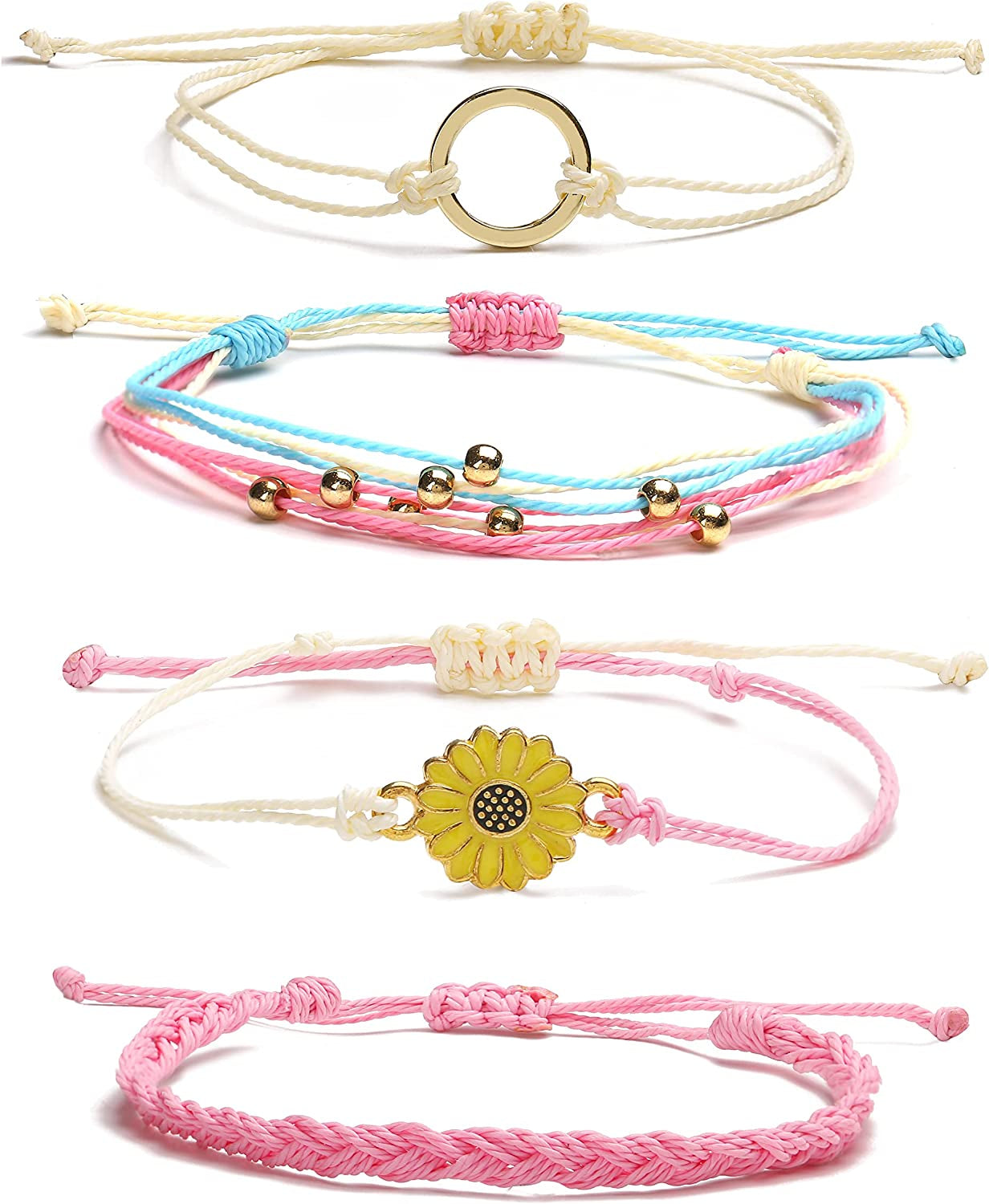 HUASAI Vsco String Bracelets for Teen Girls Women Waterproof Boho Rope Bracelets Wave Surfer Bracelets Summer Beach Anklets Apparel & Accessories > Jewelry > Anklets HUASAI Pink Sunflower Bracelets Anklets