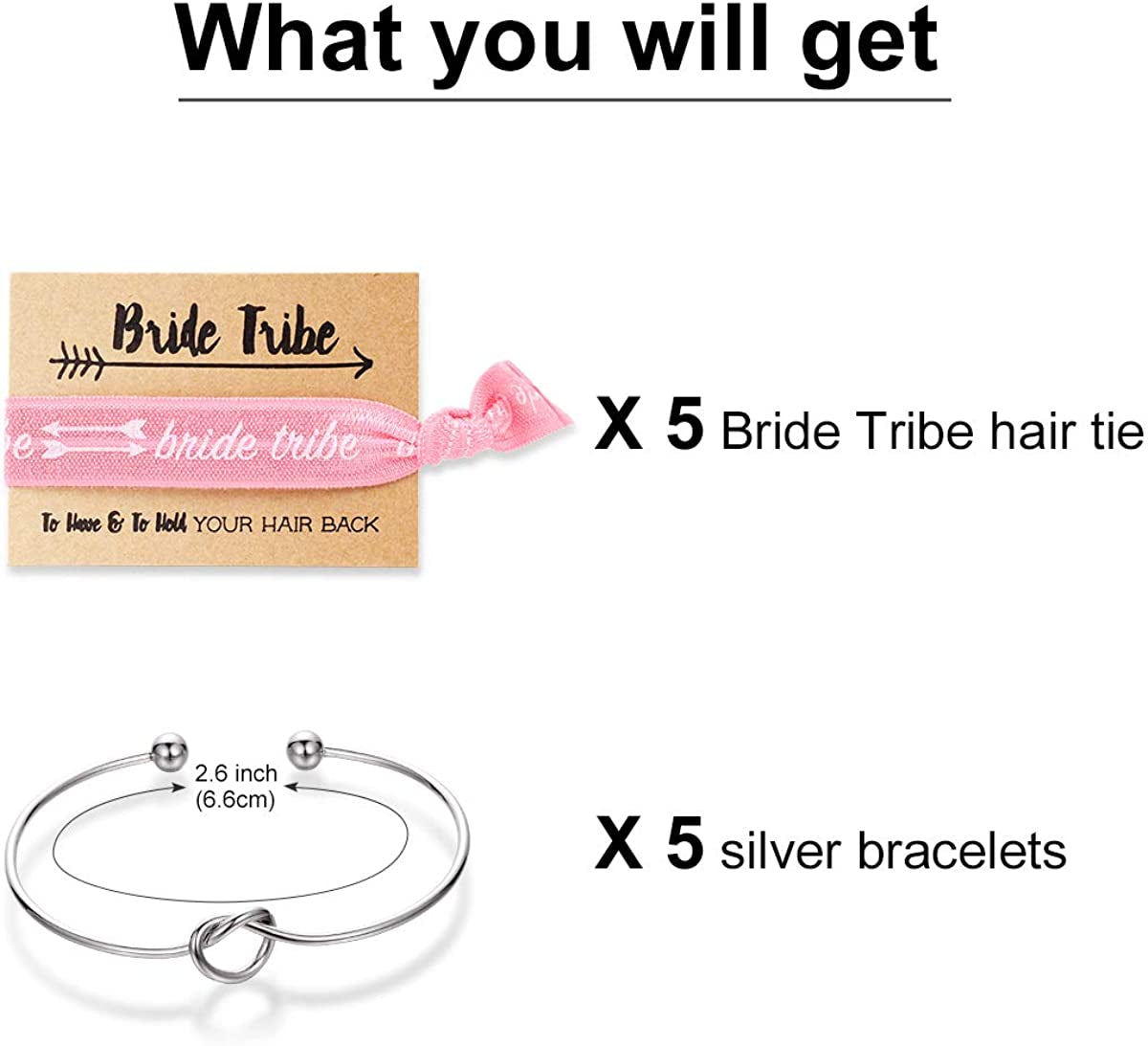 Bridesmaid Bracelets-Ikooo 5 Pcs Love Knot Open Bangle with Bride Tribe Hair Tie for Best Friend, BFF of the Bride Wedding Gift Apparel & Accessories > Jewelry > Bracelets MOOKOO