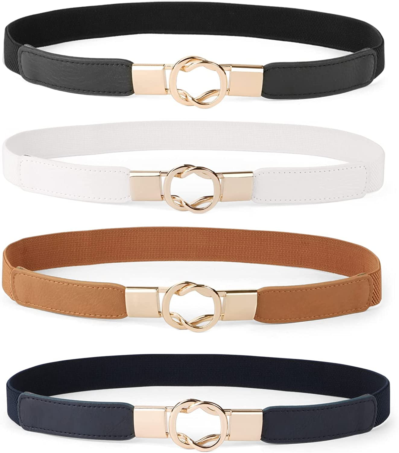 Women Skinny Belt for Dresses Retro Stretch Ladies Waist Belt plus Size Set of 4 Apparel & Accessories > Clothing Accessories > Belts WERFORU I-black+brown+white+blue Fits Waist 30"-42"