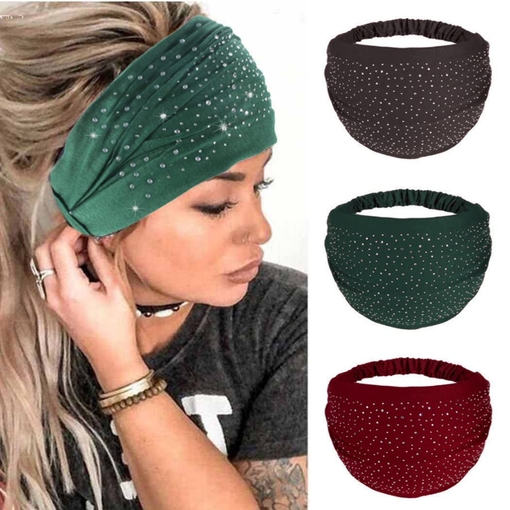 CAKURE Crystal Wide Headbands Rhinestone Bling Head Bands Sparkle Head Scarf Turban Headband Elastic African Head Wraps Sport Hair Bands for Women and Girls Pack of 3 (Set 2) Apparel & Accessories > Clothing Accessories > Bandanas & Headties CAKURE set 3
