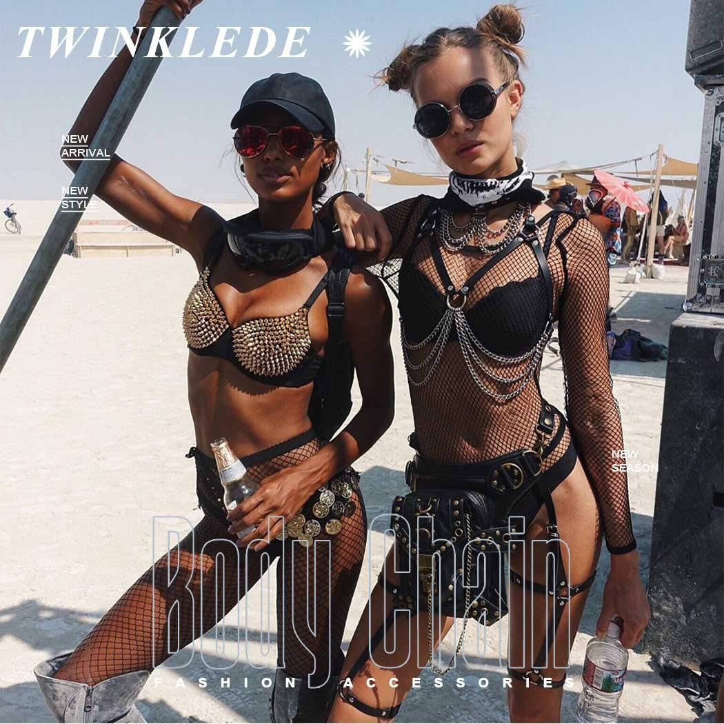Twinklede Punk Leather Body Chain Bra Silver Layered Chest Chains Festival Rave Harness Chain Body Chain Jewelry for Women and Girls Apparel & Accessories > Jewelry > Body Jewelry TWINKLEDE
