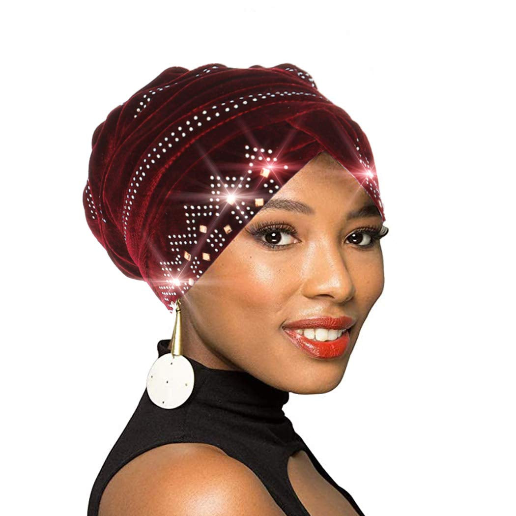 Bohend Vintage Rhinestone Turban Sleep Headwrap Wide Sparkly Sleep Turban Headband Crystal Muslim Hat Headwear Beanie Pre-Tied Bonnet Velvet Hat Cap Hair Wrap for Women and Girls (Wine Red) Apparel & Accessories > Clothing Accessories > Headwear Bohend
