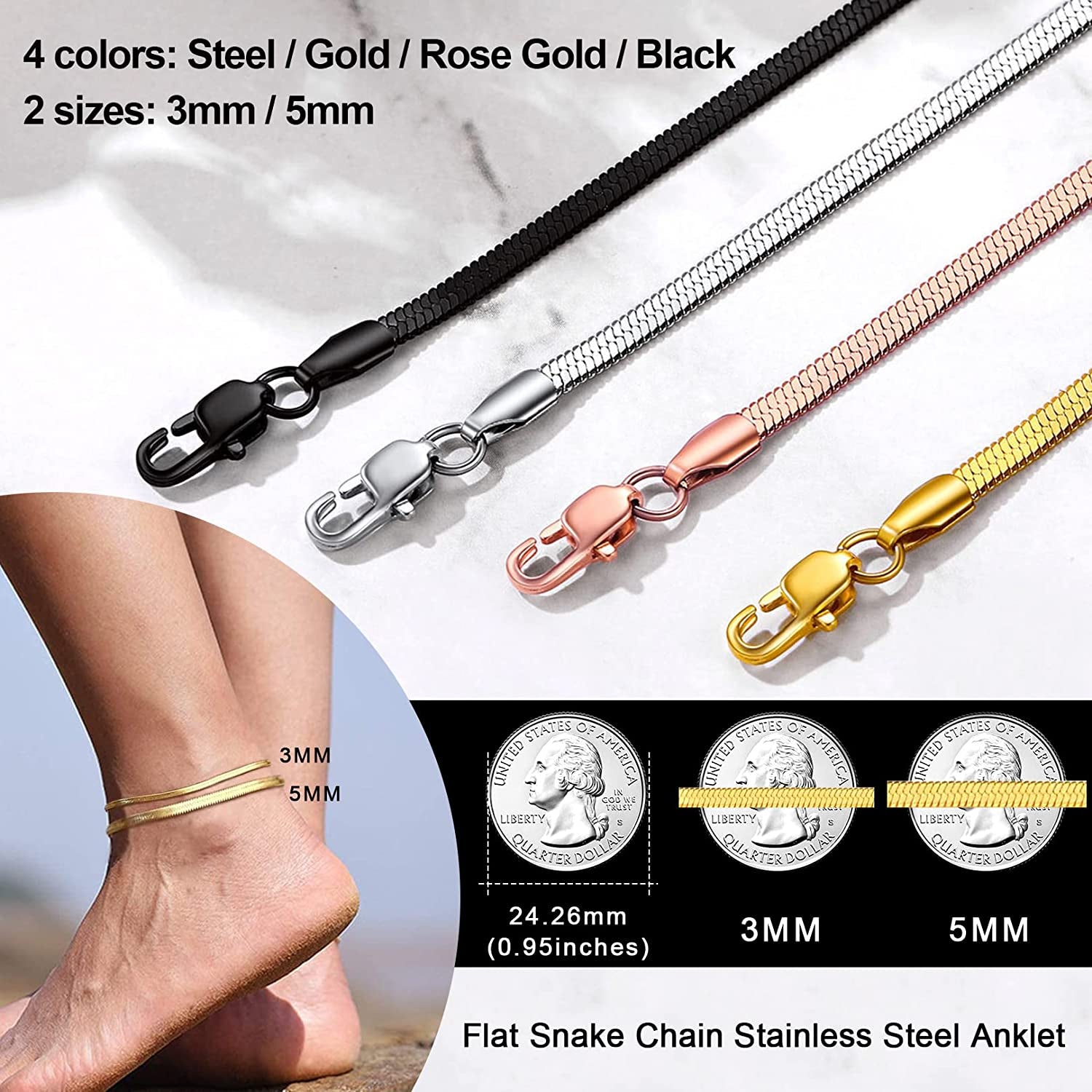 FOCALOOK 18K Gold Plated Flat Snake Chain Link Dainty Ankle Bracelets for Women, Boho Summer Beach Anklet Adjustable Foot Jewelry (4 Colors) Apparel & Accessories > Jewelry > Anklets FOCALOOK JEWELRY