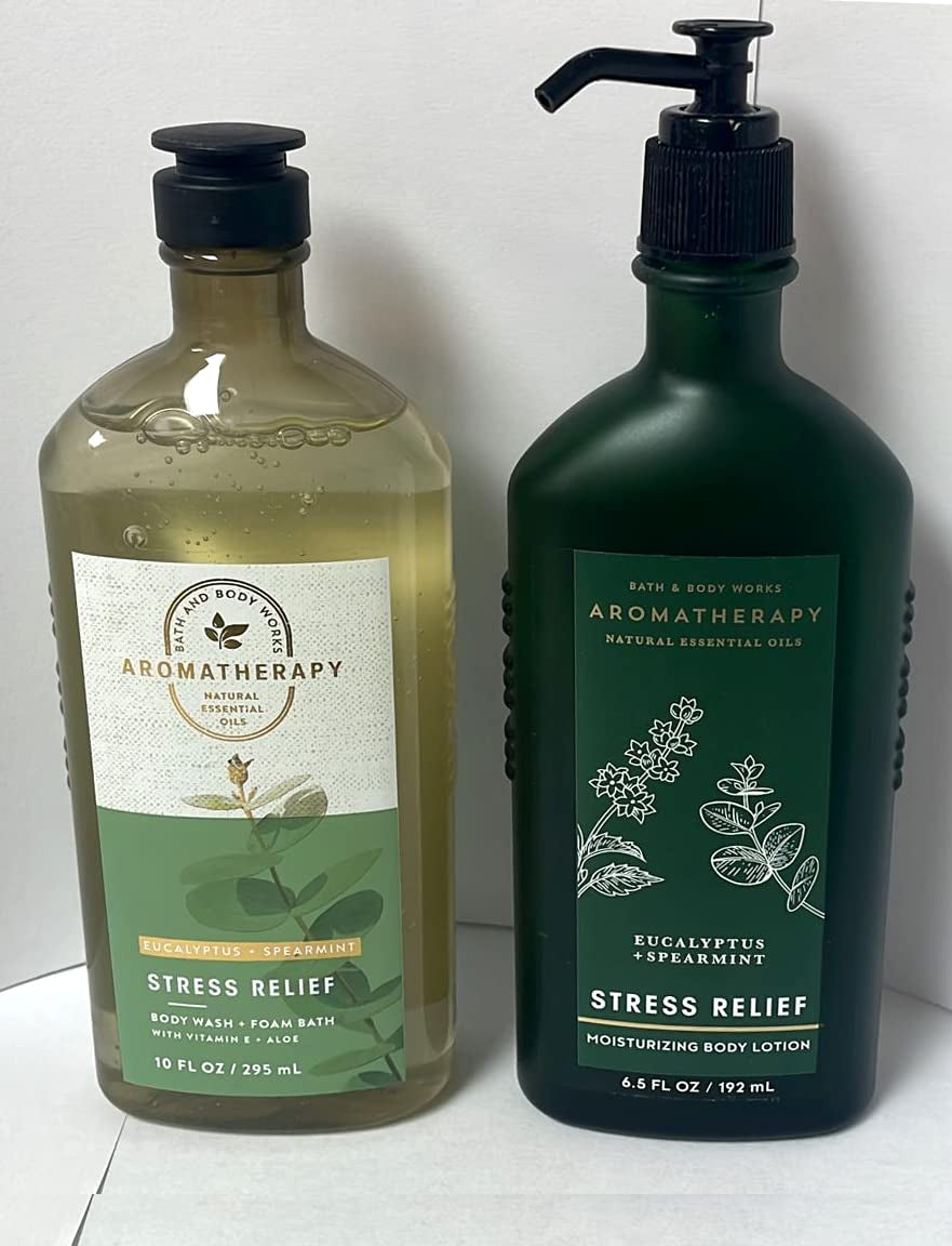 Body Works Aromatherapy Stress Relief Eucalyptus Spearmint 10 Oz Body Wash & Foam Bath and 6.5 Oz Body Lotion Bundle (Eucalyptus Spearmint) Health & Beauty > Personal Care > Cosmetics > Bath & Body Bath and Body Works