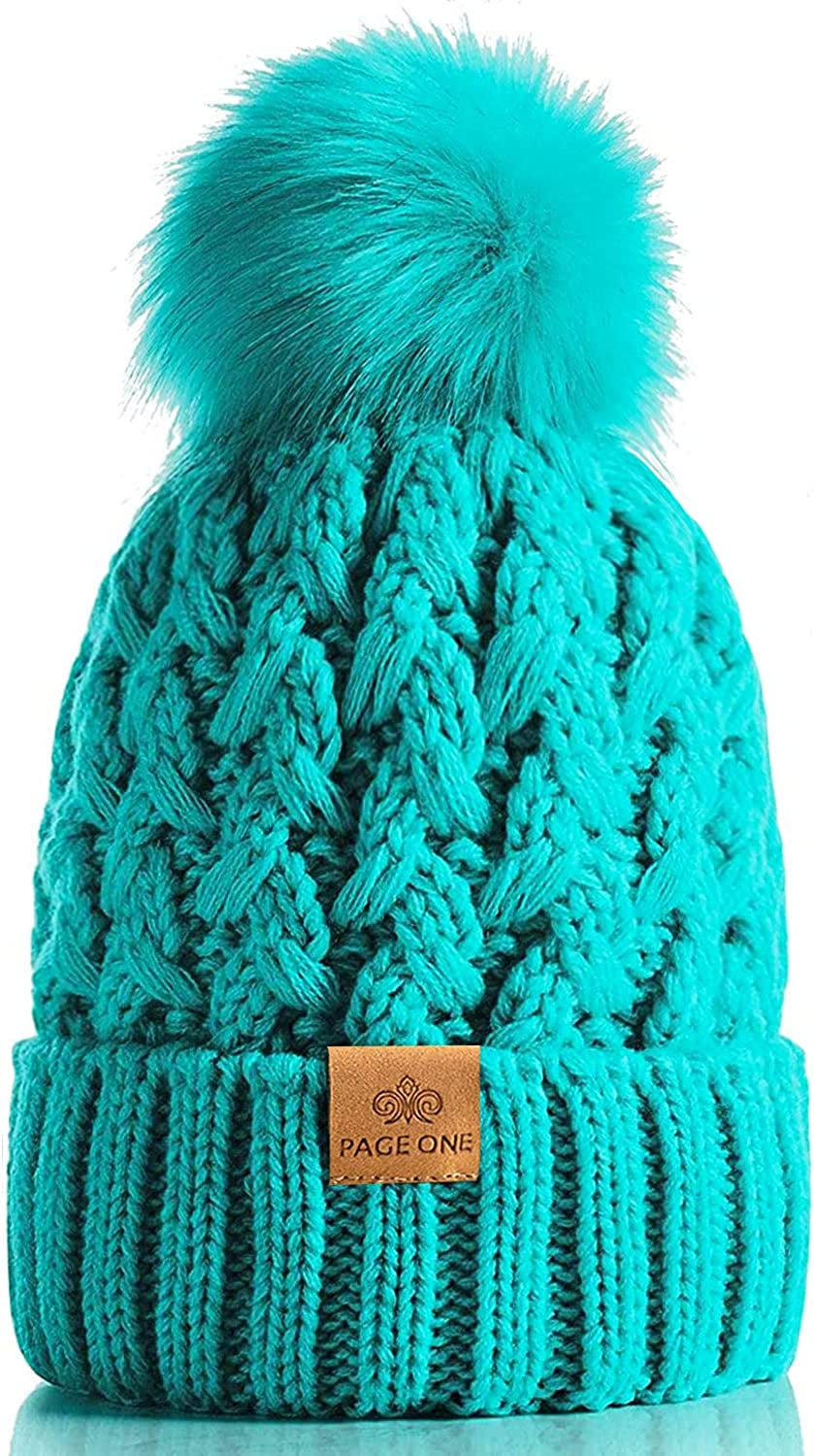 PAGE ONE Womens Winter Ribbed Beanie Crossed Cap Chunky Cable Knit Pompom Soft Warm Hat Apparel & Accessories > Clothing Accessories > Hats PAGE ONE Green