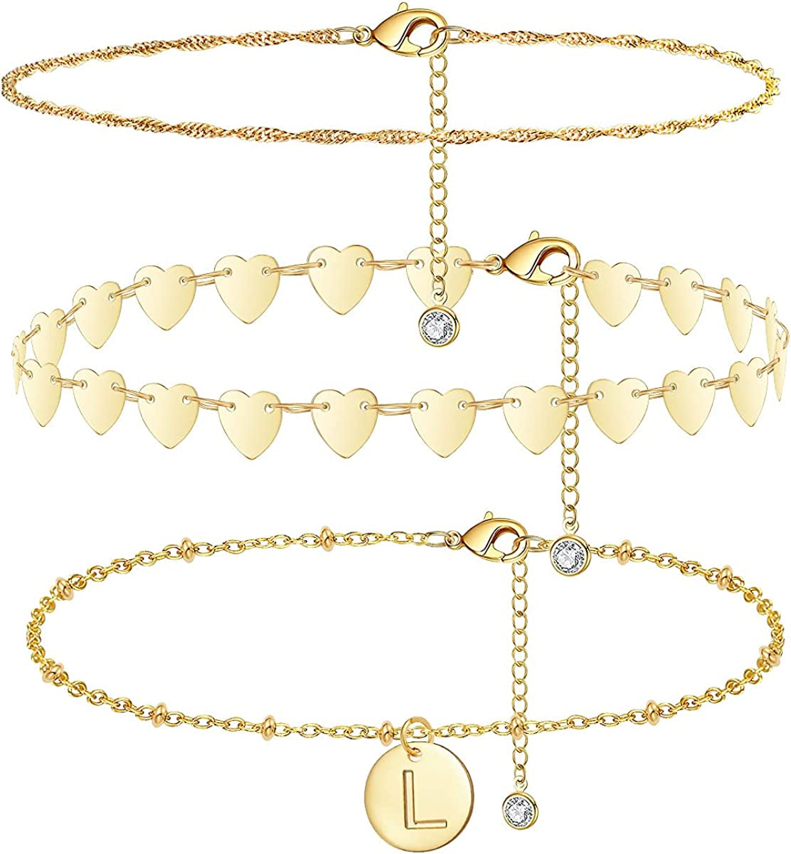 Initial Gold Ankle Bracelets for Women 14K Gold Plated Anklet Heart Chain Anklet Dainty Engraved a to Z Letter Charm Alphabet Satellite Beaded Layered Anklet Set 3Pcs Apparel & Accessories > Jewelry > Anklets Vermeyen L