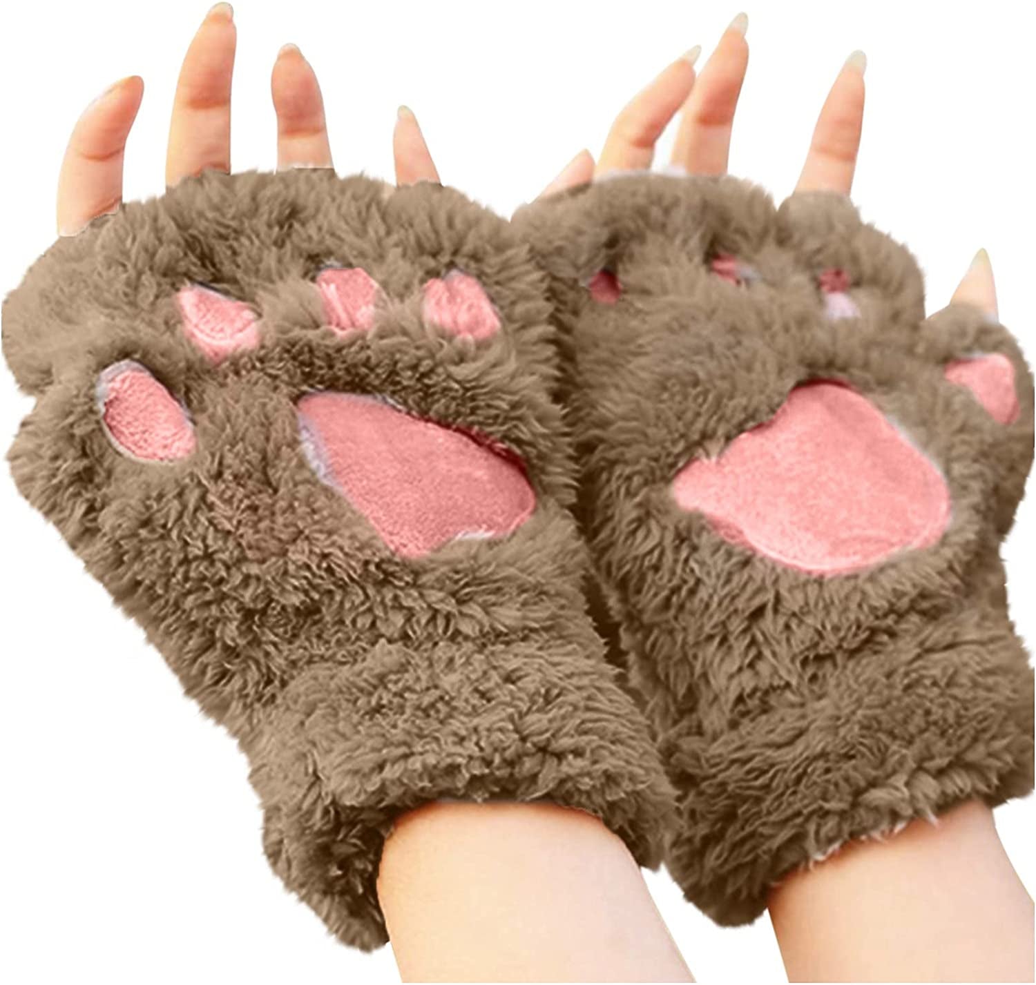 Cat Claw Bear Paw Fingerless Winter Plush Gloves 1Pair for Women Girls Fleece Plush Gloves Mittens Half Finger Gloves Cosplay Apparel & Accessories > Clothing Accessories > Gloves & Mittens JPLZi Coffee One Size