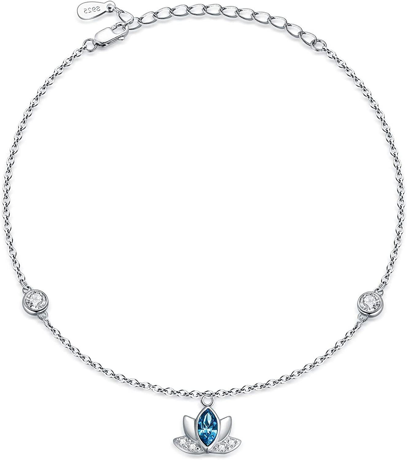 Lotus Anklets for Women Sterling Silver Ankle Bracelets with Blue Crystals 9''+2'' Apparel & Accessories > Jewelry > Anklets AOBOCO