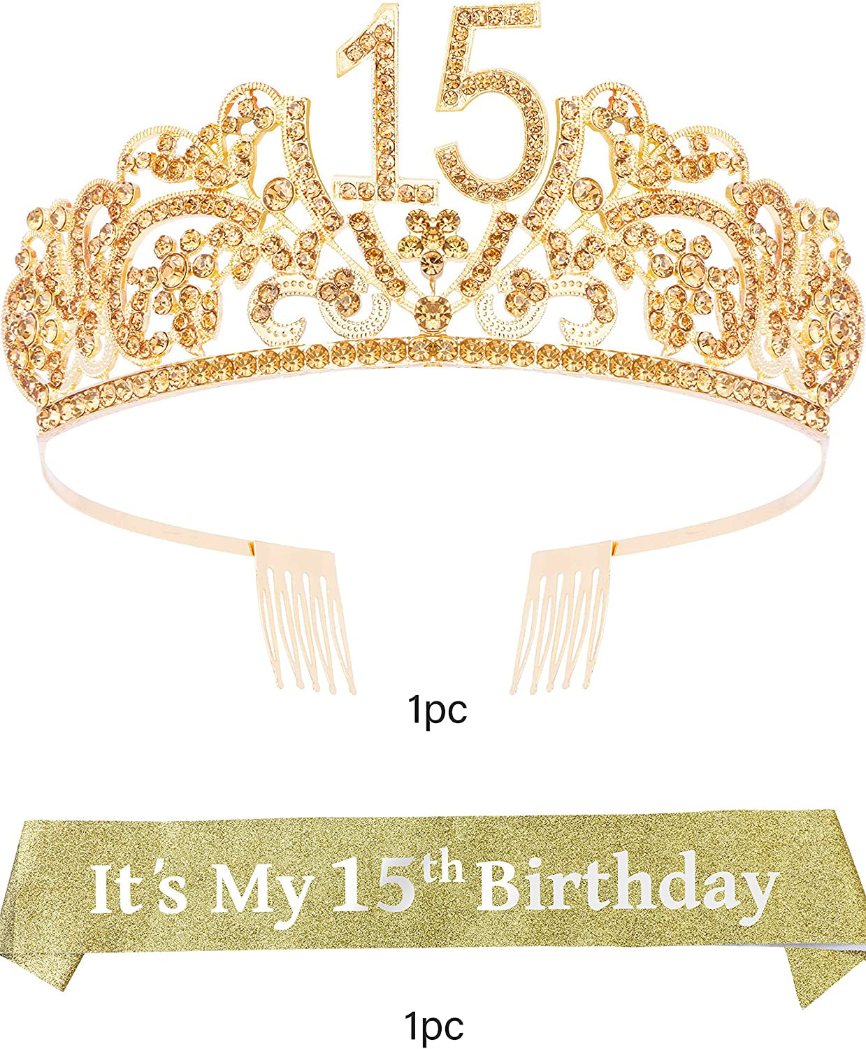 Verymerrymakering 15Th Birthday Sash and Tiara for Girls - Fabulous Set: Glitter Sash + Flowers Rhinestone Gold Premium Metal Tiara, 15Th Birthday Gifts for Teenegers Party Apparel & Accessories > Clothing Accessories > Sashes VeryMerryMakering