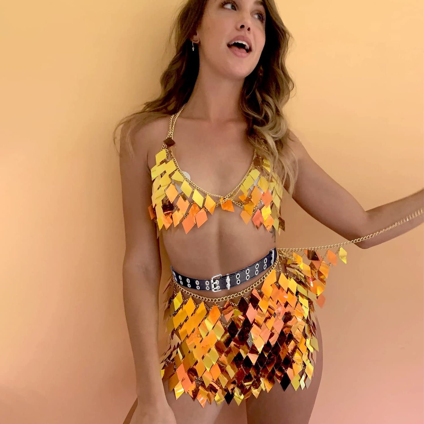 Sequins Tassels Body Chain Gold Bra Skirts Set Sexy Bikini Rave Festival Party Beach Fashion Accessories Jewelry for Women and Girls Apparel & Accessories > Jewelry > Body Jewelry DOTASI