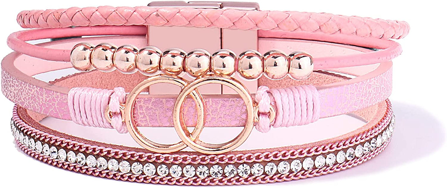 FANCY SHINY Boho Wrap Bracelets Leather Cuff Bangle Gold Beaded Bracelets for Women Stackable Infinity Bracelets Jewelry with Clasp Apparel & Accessories > Jewelry > Bracelets FANCY SHINY Pink