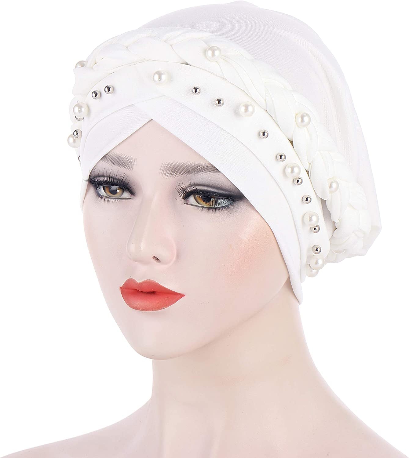 Fxhixiy Women Hijab Beading Pearl Braid Turban Hat Head Scarf Cancer Chemo Beanies Bandana Headwrap Cap Apparel & Accessories > Clothing Accessories > Headwear Fxhixiy