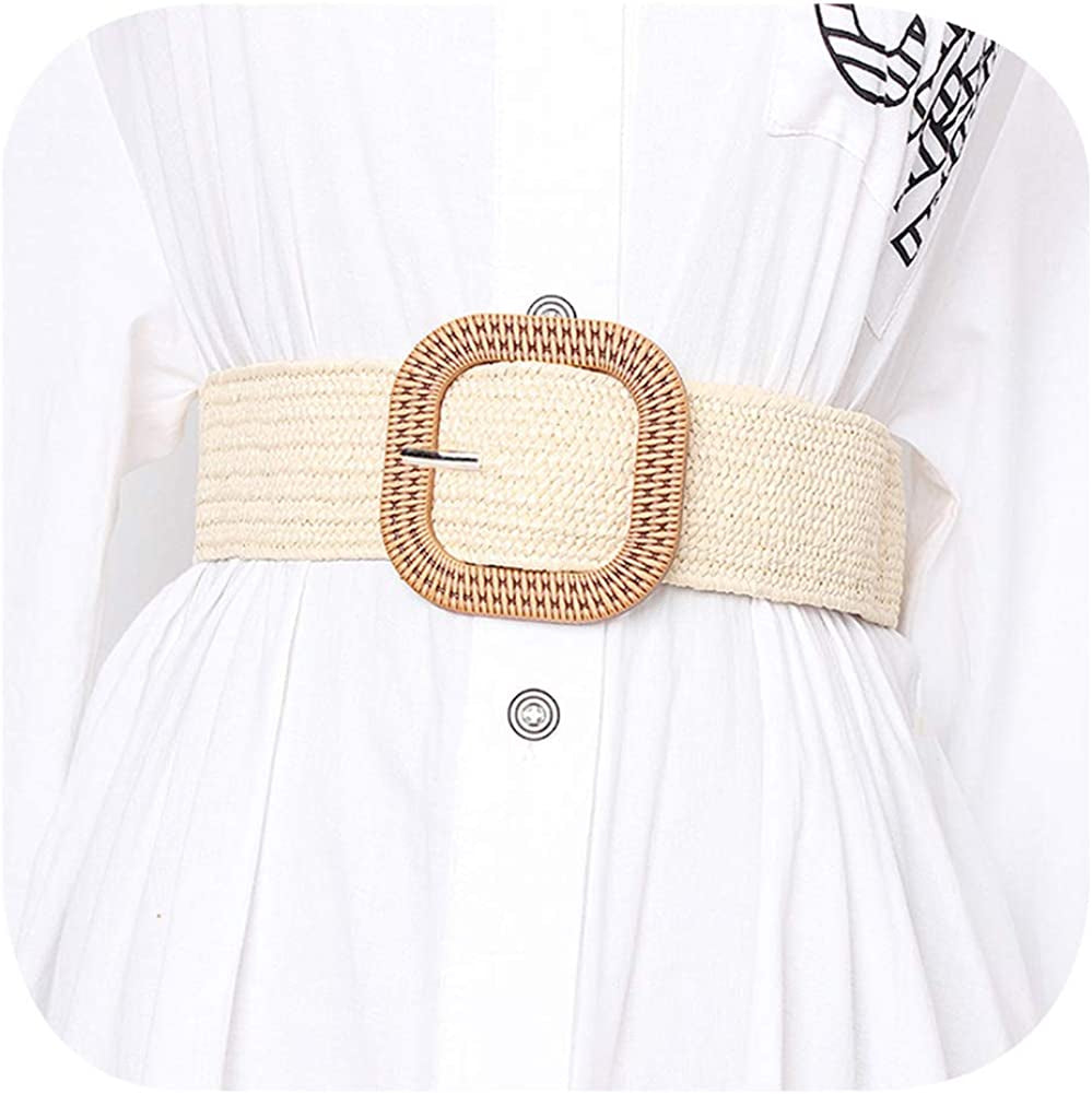 Women Skinny Dress Belt, Fashion Straw Woven Elastic Stretch Waist Band Wood Buckle Belt Apparel & Accessories > Clothing Accessories > Belts YUCFOREN Type 1-sand Waist below 39"