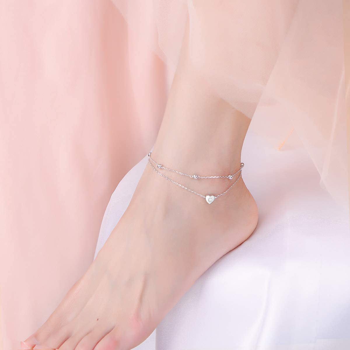 Heart Initial Ankle Bracelets for Women Real S925 Sterling Silver Adjustable Letter Initial Heart Charm Anklets Beach Jewelry Apparel & Accessories > Jewelry > Anklets FLYOW
