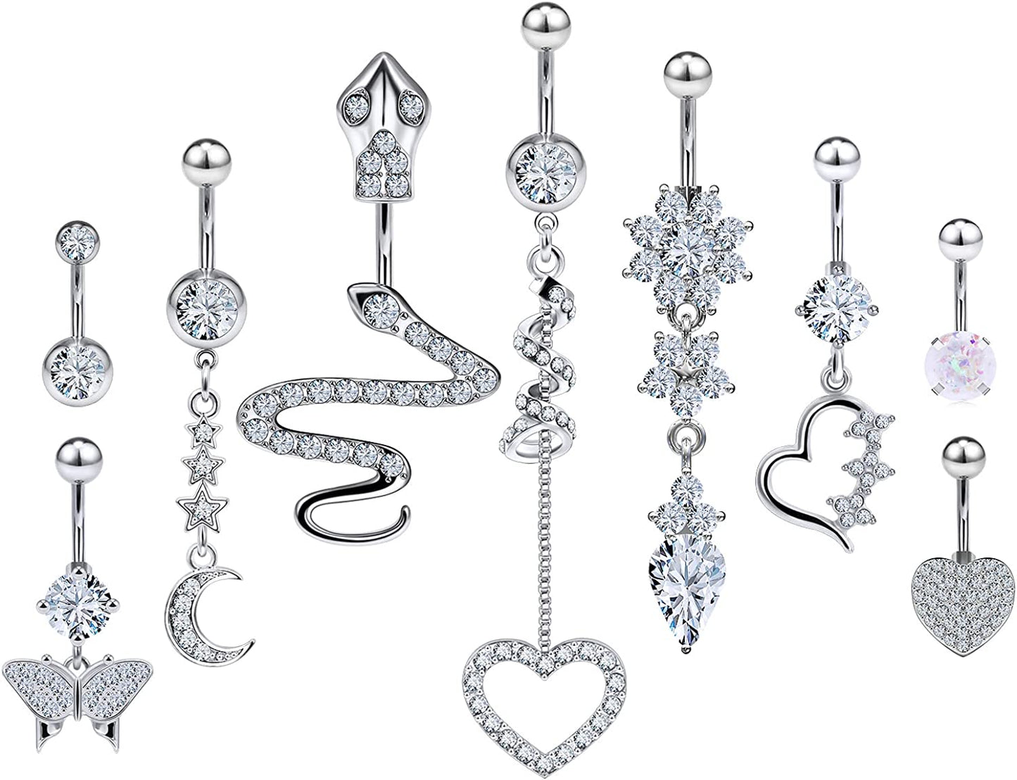 Rksndnn 14G Belly Button Rings Dangle for Women Stainless Steel Belly Rings Belly Piercing Jewelry Snake Reverse Spiral with Clear Cz Navel Rings Belly Button Ring Belly Ring Body Piercing Jewelry Apparel & Accessories > Jewelry > Rings Generic Stainless Steel,Clear,Silver