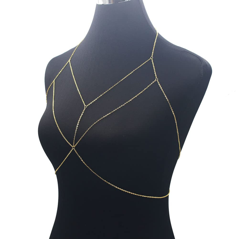 Woent Sexy Bikini Bra Body Chain Gold Cross Breast Chain Lingerie Necklace Accessories Nightclub Jewelry Adjustable for Women and Girls Apparel & Accessories > Jewelry > Body Jewelry Woent