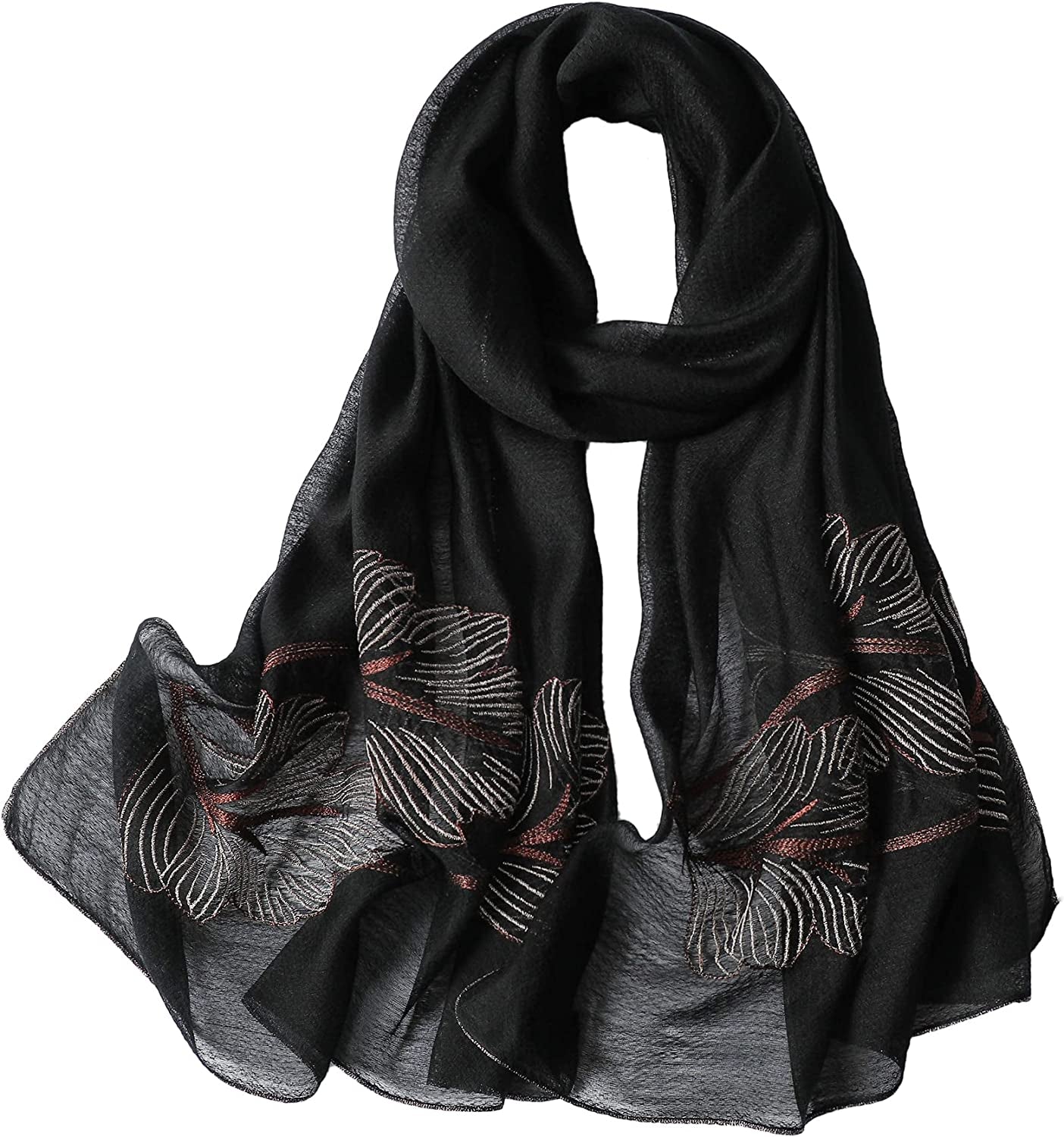 WINCESS.YU Silk Scarf for Women Lightweight Shawls and Wraps for Weddings Fashion Pashmina Shawl Embroidered Scarves Apparel & Accessories > Clothing Accessories > Scarves & Shawls WINCESS.YU Leaf Embroidery Black