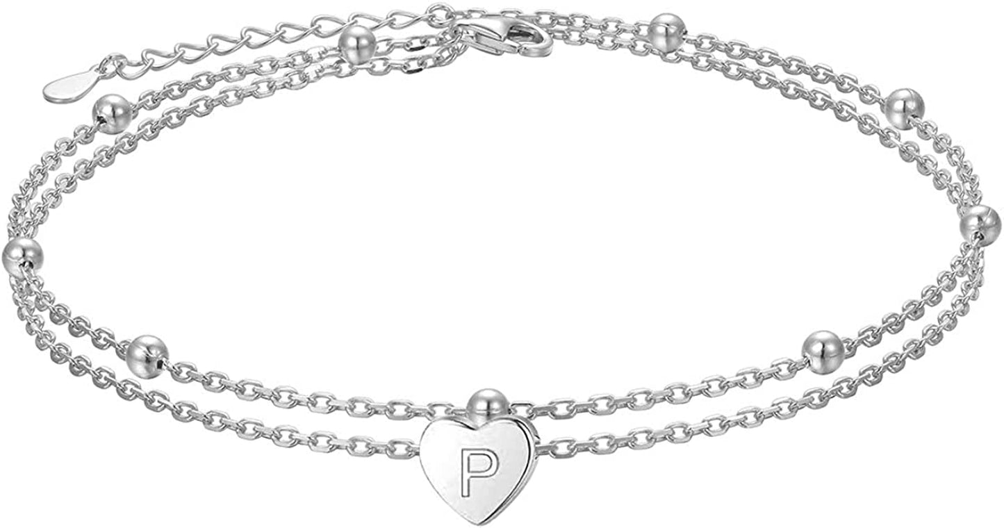 Heart Initial Ankle Bracelets for Women Real S925 Sterling Silver Adjustable Letter Initial Heart Charm Anklets Beach Jewelry Apparel & Accessories > Jewelry > Anklets FLYOW P