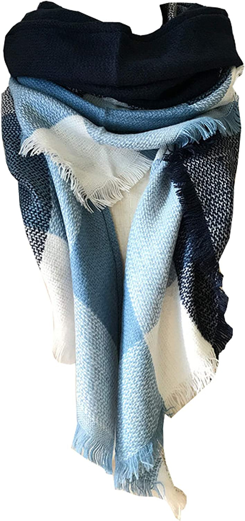 Wander Agio Womens Warm Long Shawl Winter Wraps Large Scarves Knit Cashmere Feel Plaid Triangle Scarf Apparel & Accessories > Clothing Accessories > Scarves & Shawls Wander Agio Blue Navy Cyan