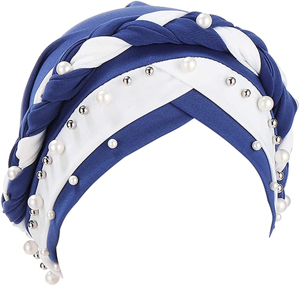 Fxhixiy Women Hijab Beading Pearl Braid Turban Hat Head Scarf Cancer Chemo Beanies Bandana Headwrap Cap Apparel & Accessories > Clothing Accessories > Headwear Fxhixiy Blue White