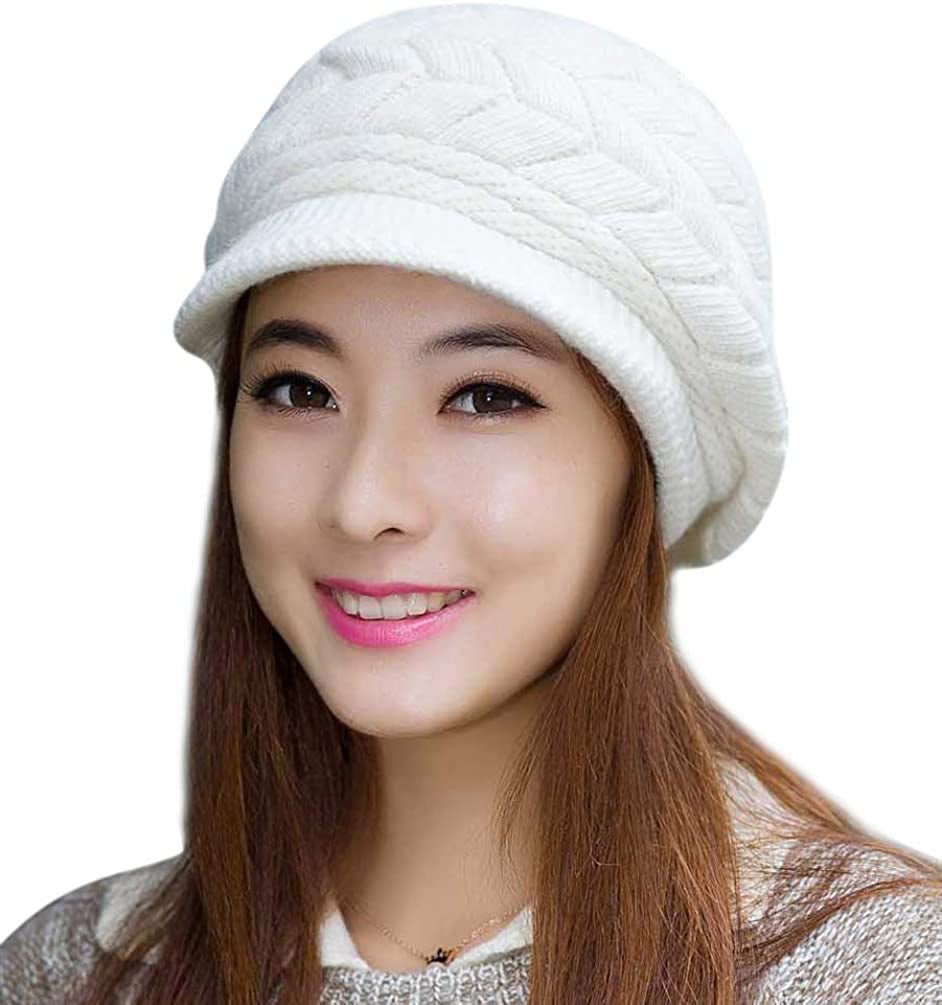 HINDAWI Women Winter Warm Knit Hat Wool Snow Ski Caps with Visor Apparel & Accessories > Clothing Accessories > Hats HINDAWI White