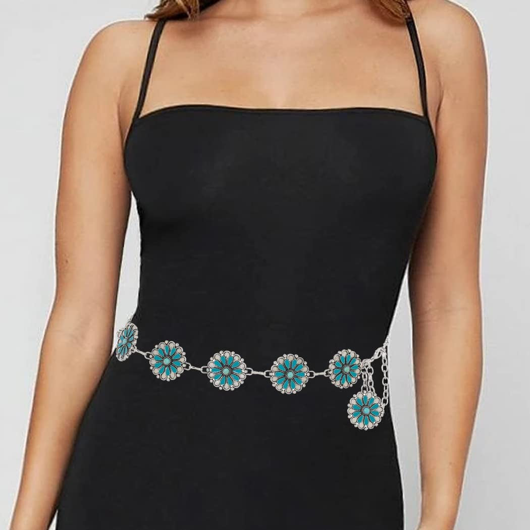 Navoky Turquoise Waist Chains Silver Belly Bodychain Western Chain Belt Concho Belts Boho Body Accessories Jewelry for Women and Girls Apparel & Accessories > Jewelry > Body Jewelry Navoky