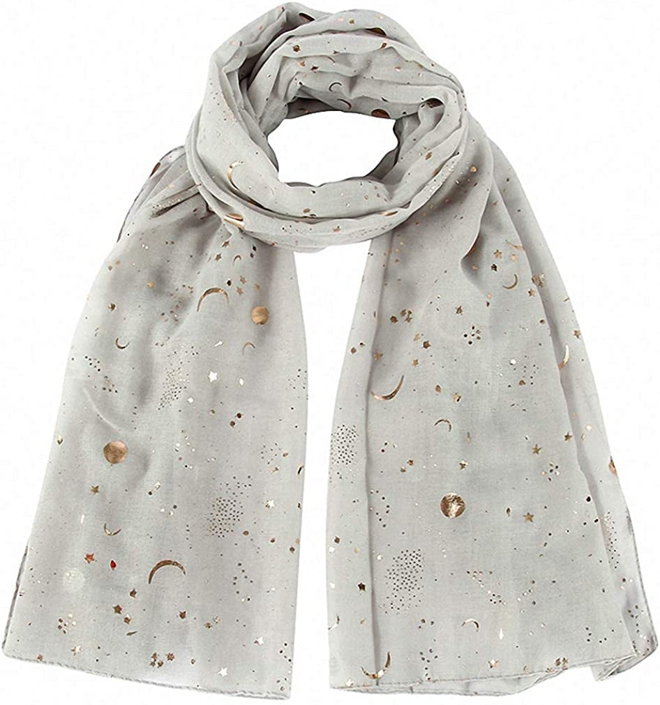 Tinpia Fashion Scarf for Women, Lightweight Colorful Shawl with Star Moon Pattern for Girls Ladies Women Apparel & Accessories > Clothing Accessories > Scarves & Shawls Tinpia Gray One Size