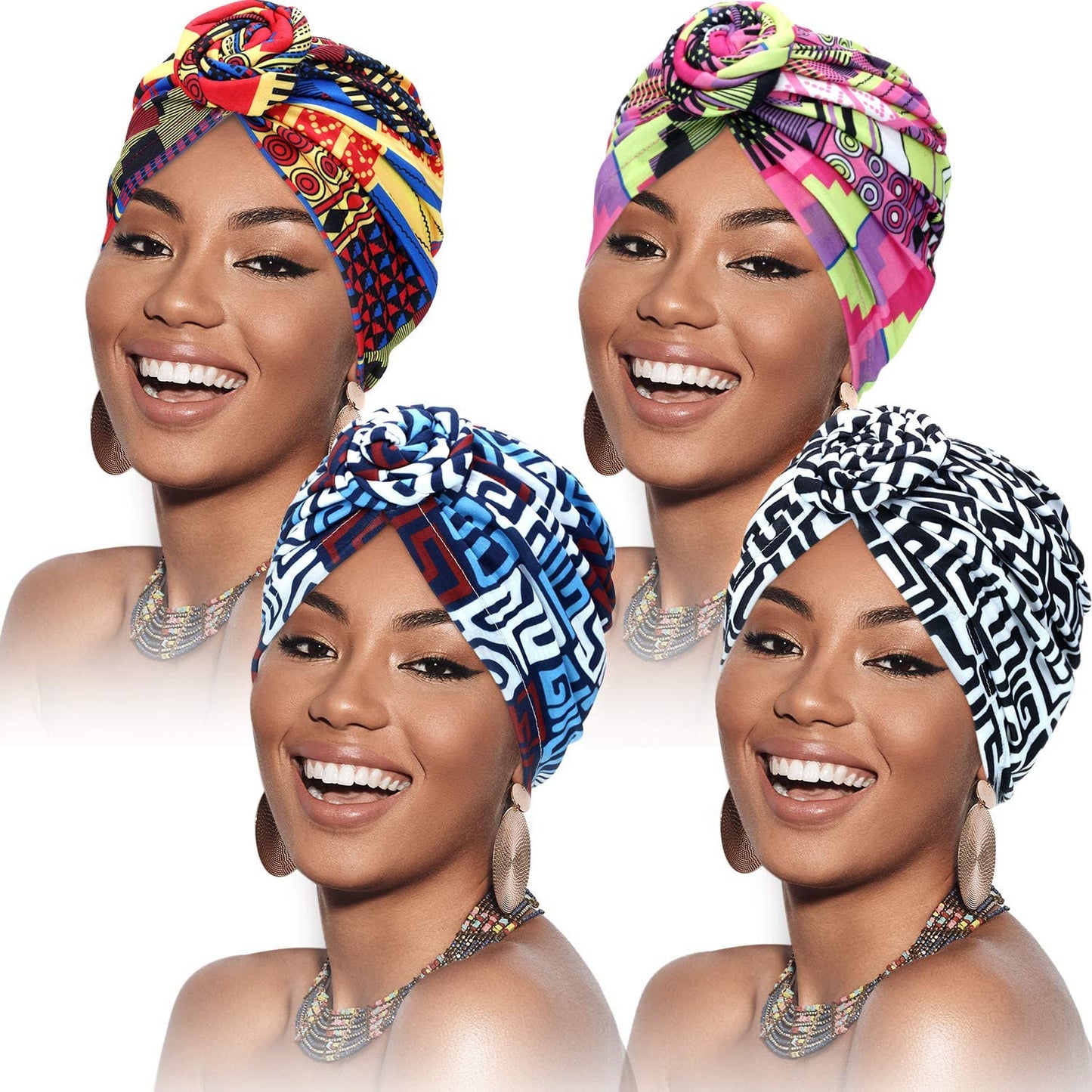 SATINIOR 4 Pieces African Pattern Headwrap Pre-Tied Bonnet Turban Knot Beanie Cap Headwrap Hat Apparel & Accessories > Clothing Accessories > Headwear SATINIOR Strips Geometry Style