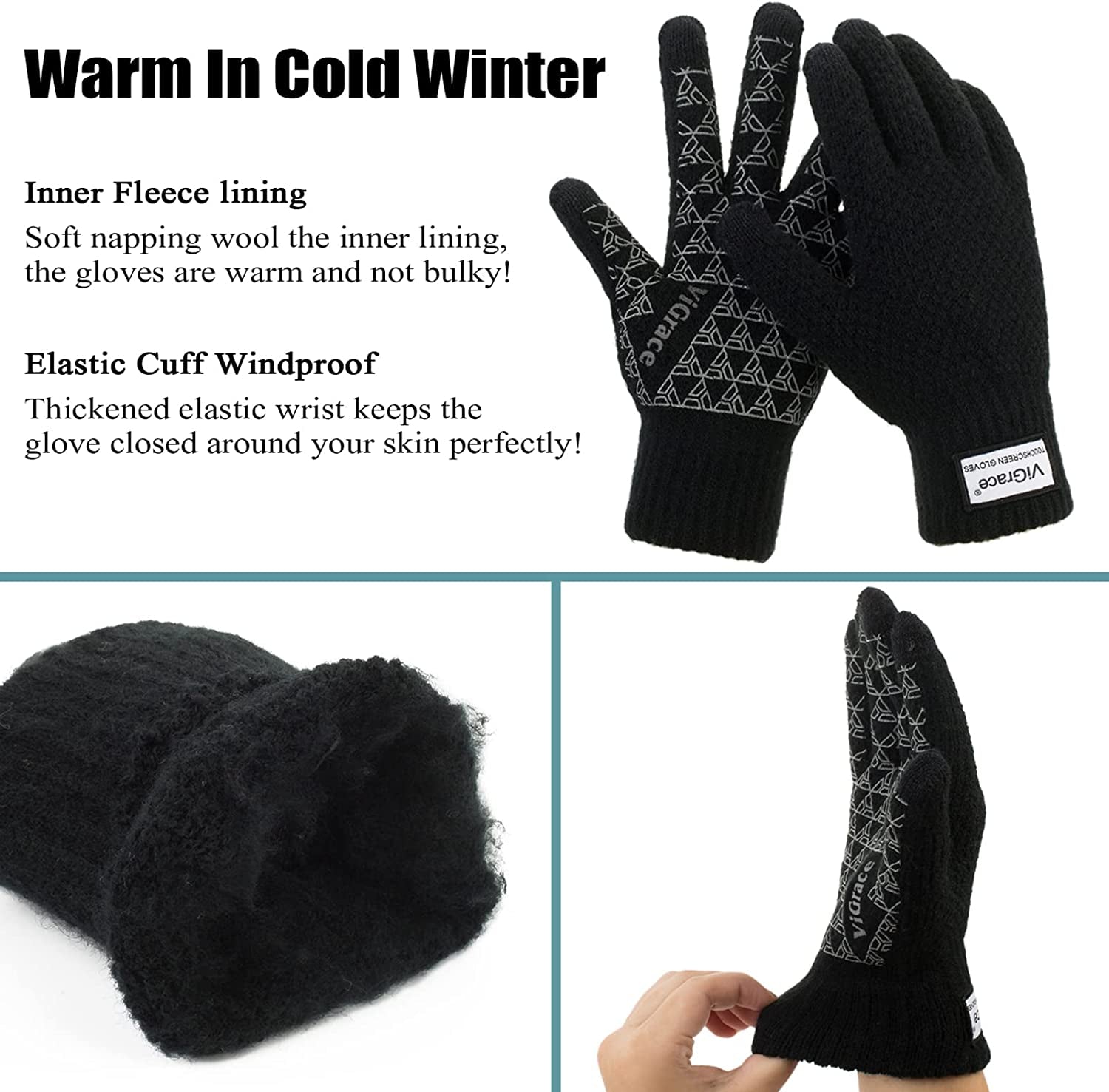Winter Warm Touchscreen Gloves for Men and Women Touch Screen Fleece Lined Knit Anti-Slip Wool Glove Apparel & Accessories > Clothing Accessories > Gloves & Mittens ViGrace