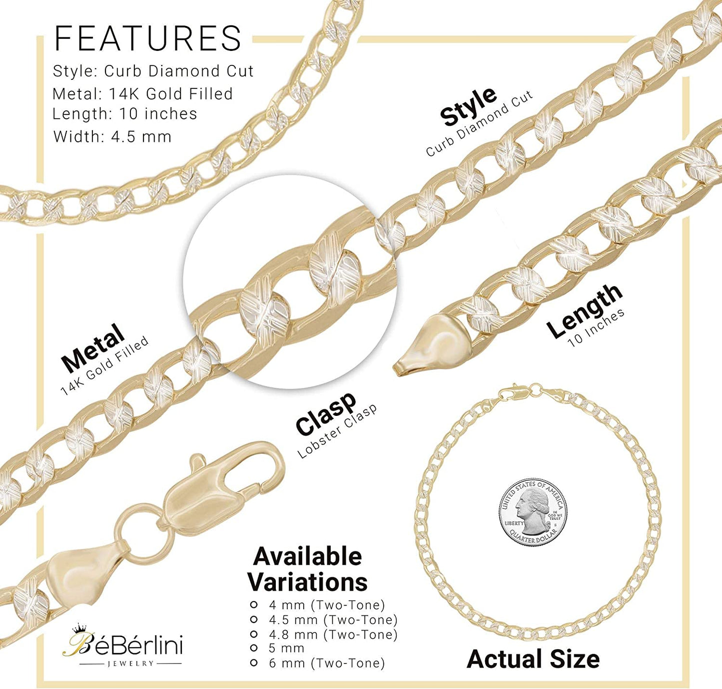 BEBERLINI Cuban Link 14K Gold Filled Diamond Cut Anklet Curb Foot Chain Bracelet Fashion Jewelry Gifts for Women Teen Girls Length 10'' Apparel & Accessories > Jewelry > Anklets BéBérlini