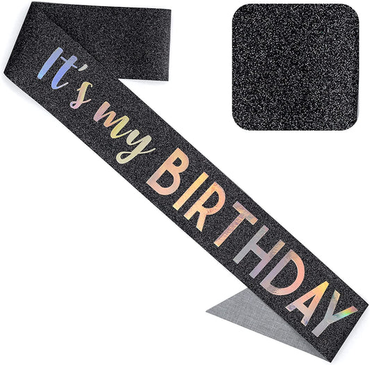 CORRURE 'It'S My Birthday' Sash Glitter with Multicolor Foil - Black Glitter Happy Birthday Sash for Women - Party Favors Supplies and Decorations for Sweet 16, 18Th 21St 30Th 40Th or Any Bday Party Apparel & Accessories > Clothing Accessories > Sashes CORRURE