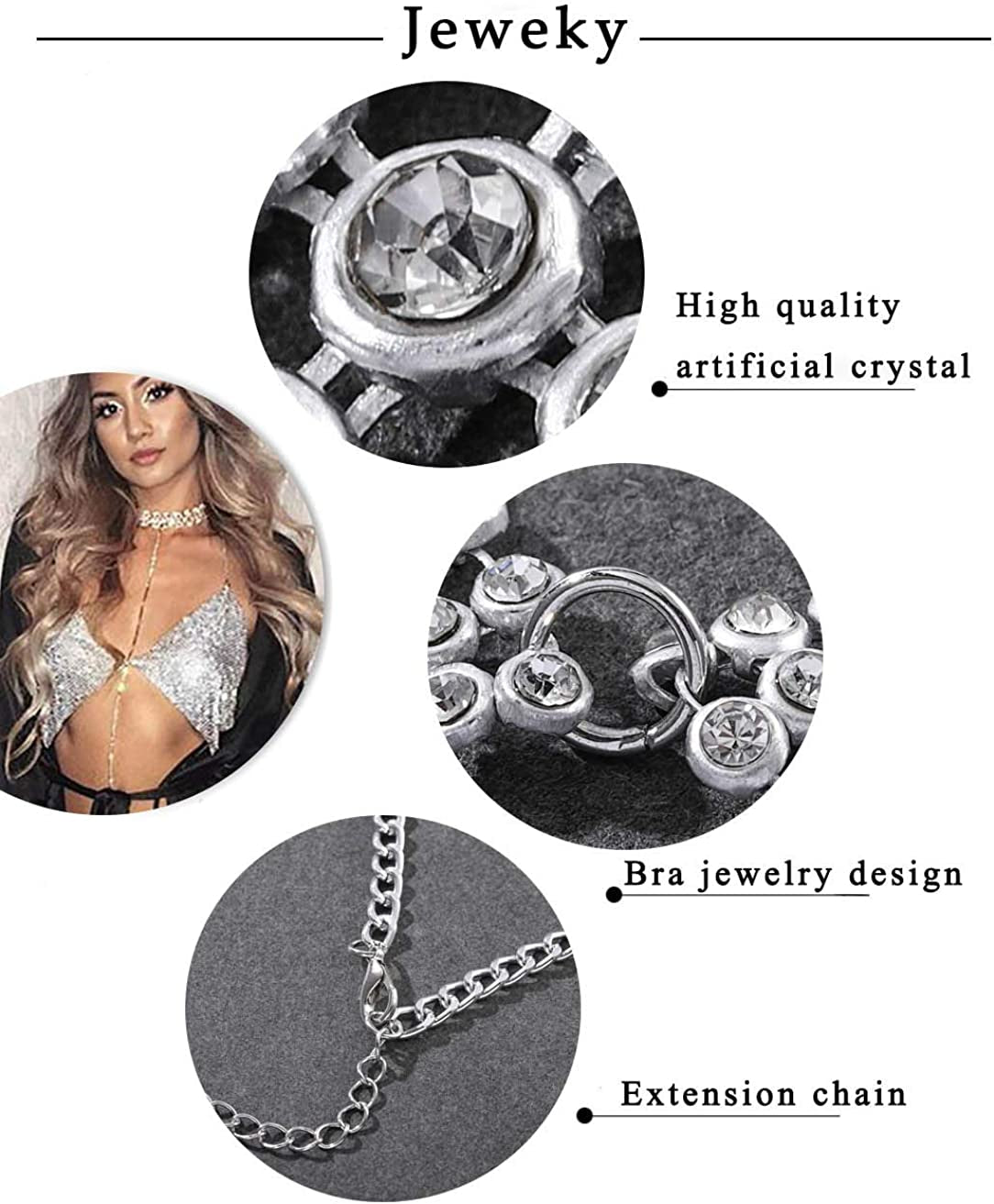 Jeweky Crystal Bra Chain Silver Sparkly Crop Top Body Chains Sexy Beach Nightclub Rave Bikini Chest Accessories Jewelry for Women and Girls Apparel & Accessories > Jewelry > Body Jewelry Artist Unknown