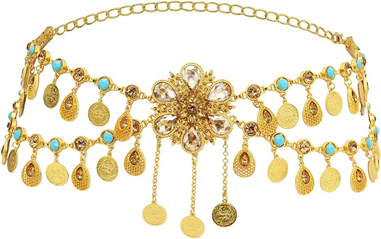 Idealway Indian Style 14 K Gold Plated Crystal Flower Turquoise Waist Belly Chains Dancing Beach Belt Body Jewelry Apparel & Accessories > Jewelry > Body Jewelry idealway I