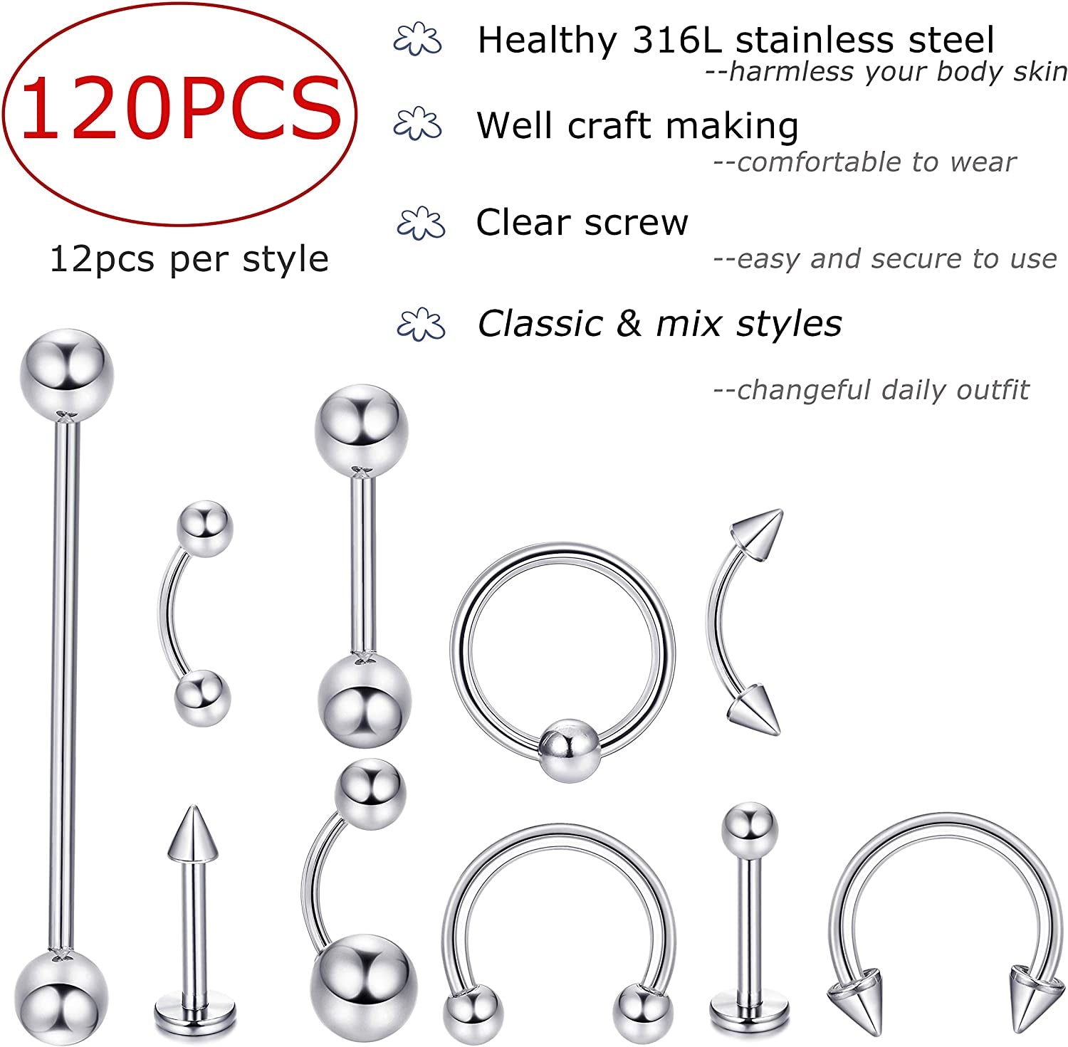 Jstyle 120Pcs Body Jewelry Piercing Lot Stainless Steel Nose Horseshoe Lip Tongue Eyebrow Tragus Body Piercing Navel Belly Ring Barbells 14G-16G Apparel & Accessories > Jewelry > Rings Jstyle