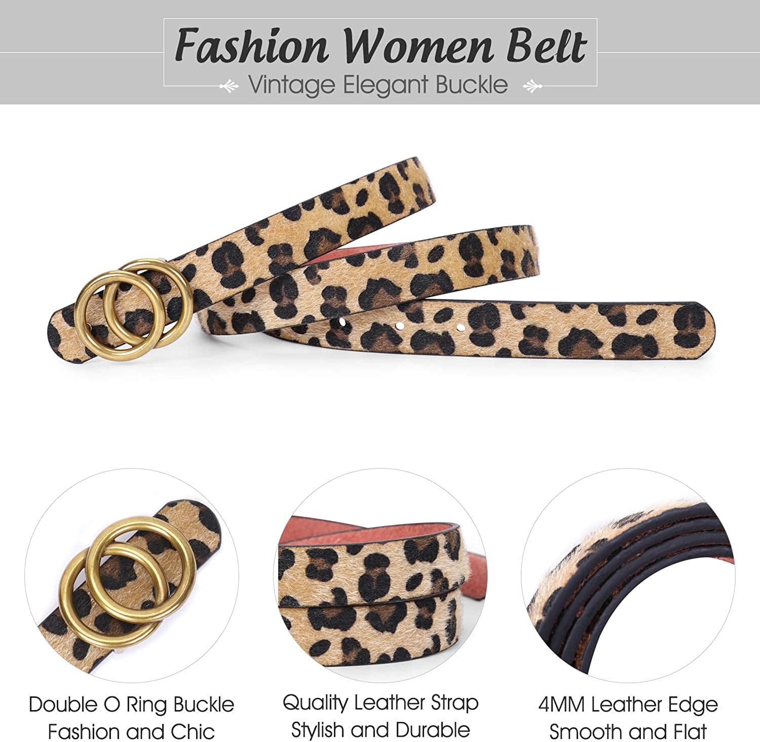 Double Ring Leather Belts for Women SANSTHS O-Style Gold Buckle Skinny Dress Belt 0.86 Inch Width for Jeans Pants Apparel & Accessories > Clothing Accessories > Belts SANSTHS