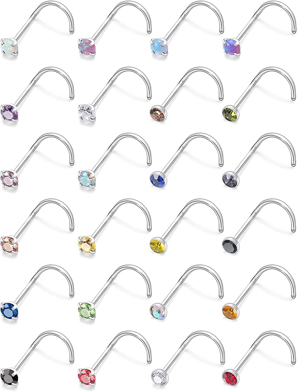 Lsnevsie 18G 20G 22G Stainless Steel Opal Nose Rings Studs for Women Men Nose Piercing Jewelry Top Diamond 1.5Mm 2Mm 2.5Mm 3Mm Apparel & Accessories > Jewelry > Body Jewelry Generic 18G Screw Silver_Top 2mm