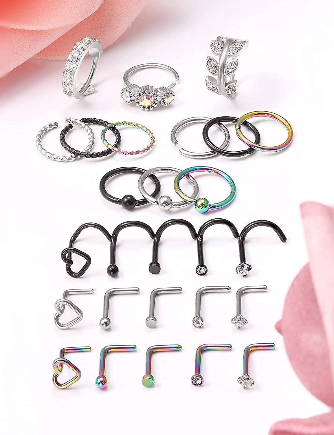 Kridzisw 18G 20G Nose Rings Hoop Stainless Steel L-Shaped Nose Rings Studs Screw Clear Clicker Retainer Tragus Cartilage Helix Earrings Piercing Hoop 27-36Pcs Apparel & Accessories > Jewelry > Body Jewelry Kridzisw
