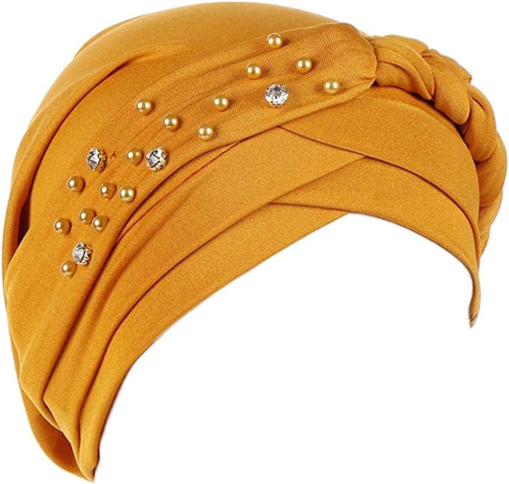 Women Girls Turban Hat, Rhinestone Pearl Braid Turban Head Wrap Baggy Slouchy Beanie Chemo Cap Headwear Hair Wrap Apparel & Accessories > Clothing Accessories > Headwear canjoyn Yellow