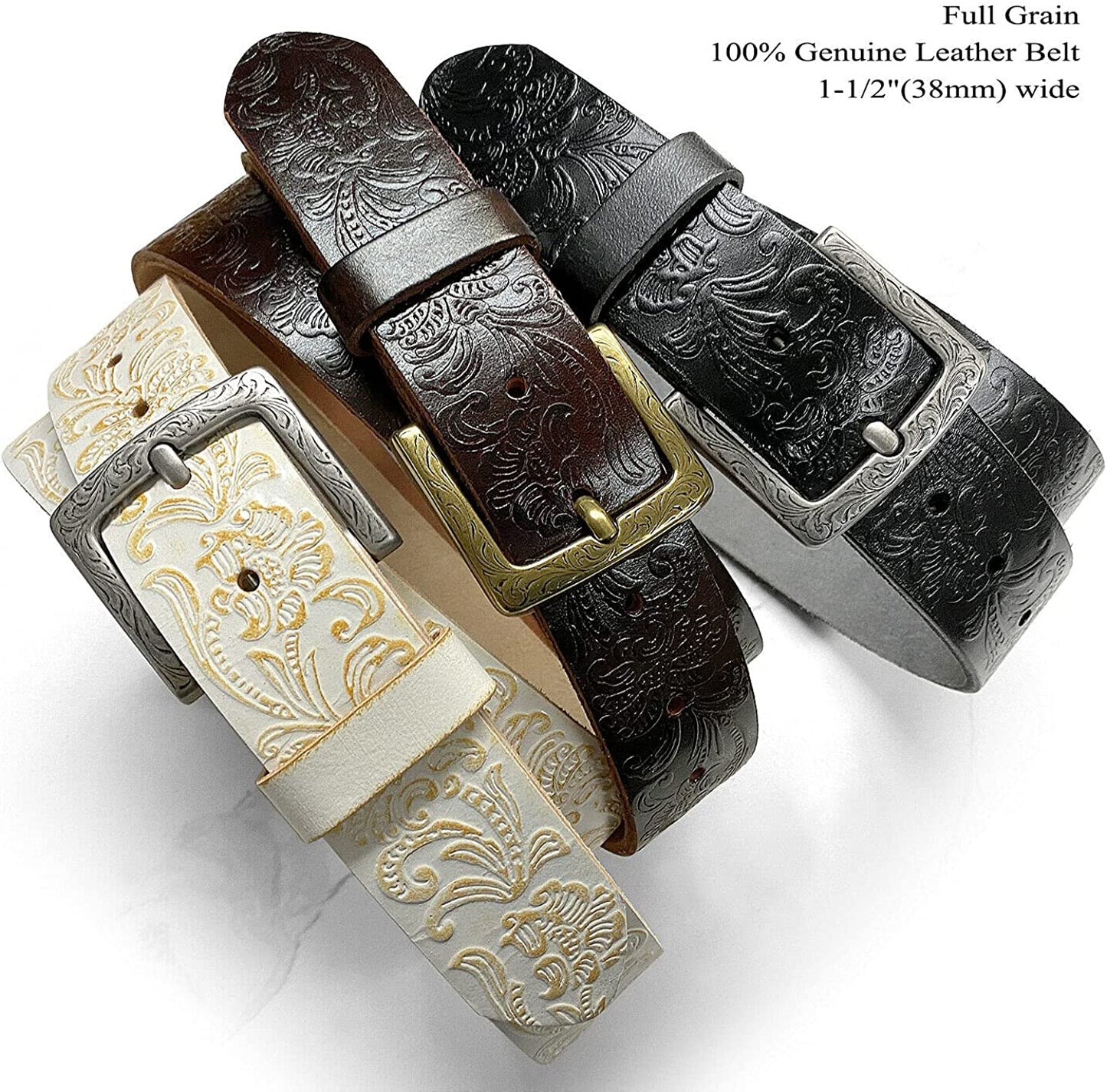Cowboy Cowgirl Western Tooled Floral Embossed Full Grain Genuine Leather Belt Strap 1-1/2"(38Mm) Wide Apparel & Accessories > Clothing Accessories > Belts Belts.com