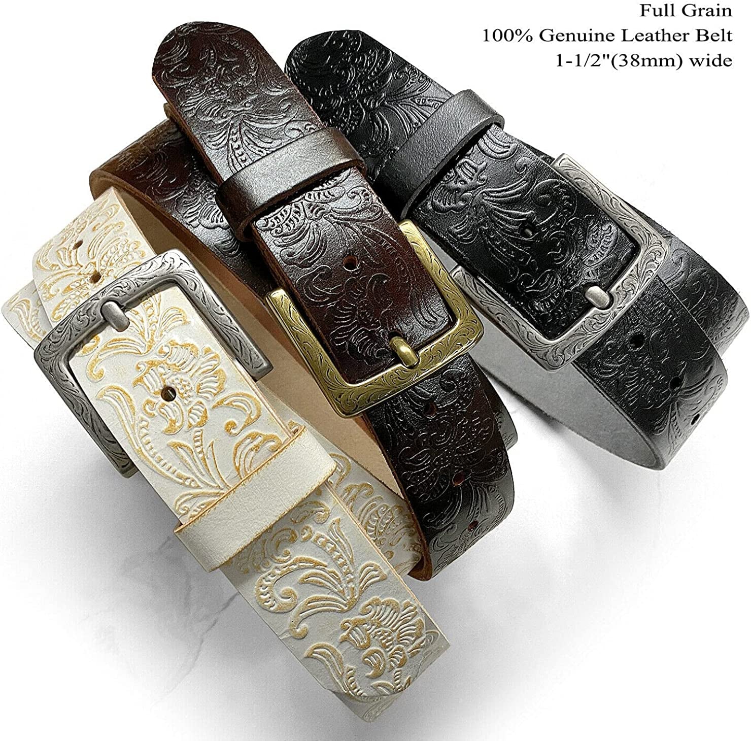 Cowboy Cowgirl Western Tooled Floral Embossed Full Grain Genuine Leather Belt Strap 1-1/2"(38Mm) Wide Apparel & Accessories > Clothing Accessories > Belts Belts.com
