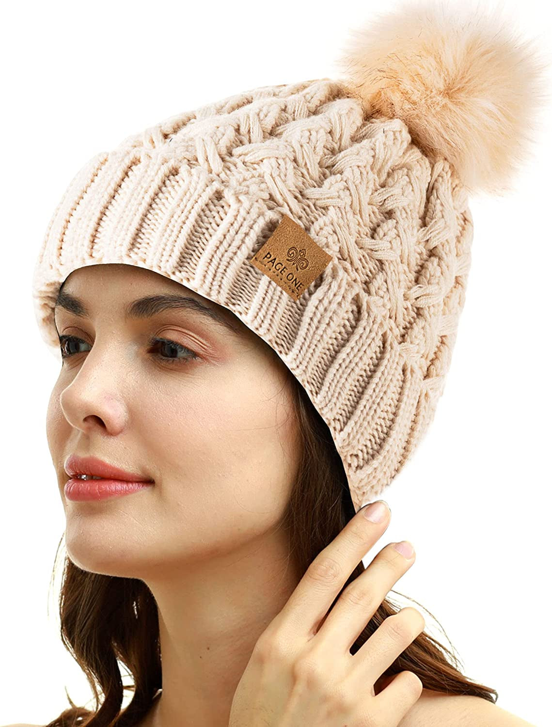 PAGE ONE Womens Winter Ribbed Beanie Crossed Cap Chunky Cable Knit Pompom Soft Warm Hat Apparel & Accessories > Clothing Accessories > Hats PAGE ONE
