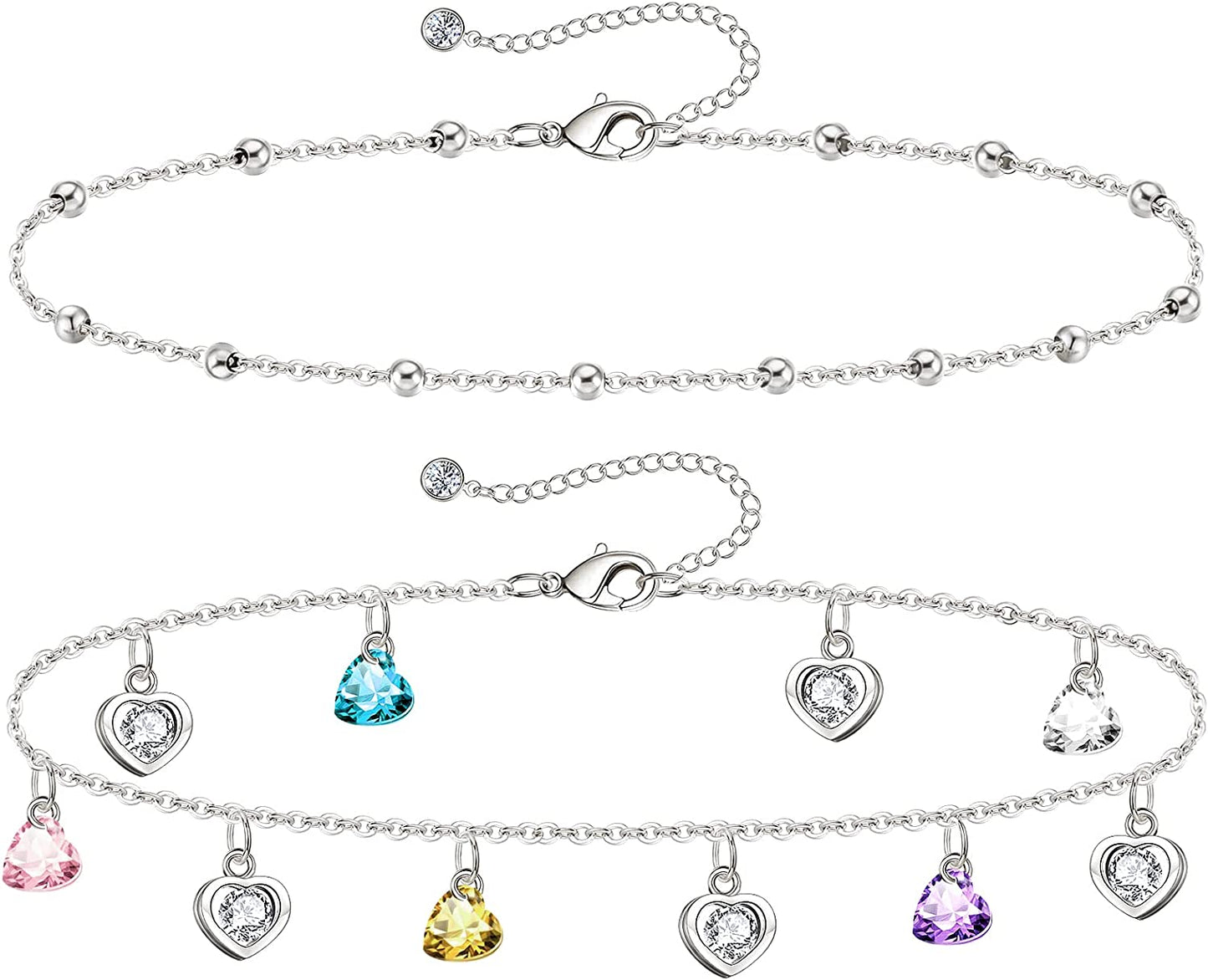 Gold Ankle Bracelets for Women 14K Gold Plated Anklet Silver Tennis Rose Quartz Cross Bead Herringbone Snake Paperclip Chain Cubic Zirconia Dainty Layered Anklet Set 3Pcs Apparel & Accessories > Jewelry > Anklets WeSparking ZD-White Gold-Heart