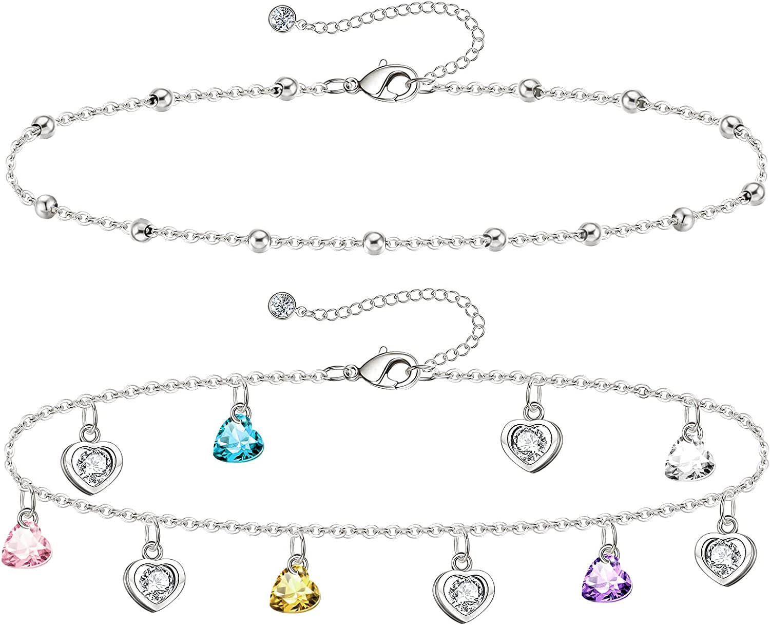 Gold Ankle Bracelets for Women 14K Gold Plated Anklet Silver Tennis Rose Quartz Cross Bead Herringbone Snake Paperclip Chain Cubic Zirconia Dainty Layered Anklet Set 3Pcs Apparel & Accessories > Jewelry > Anklets WeSparking ZD-White Gold-Heart