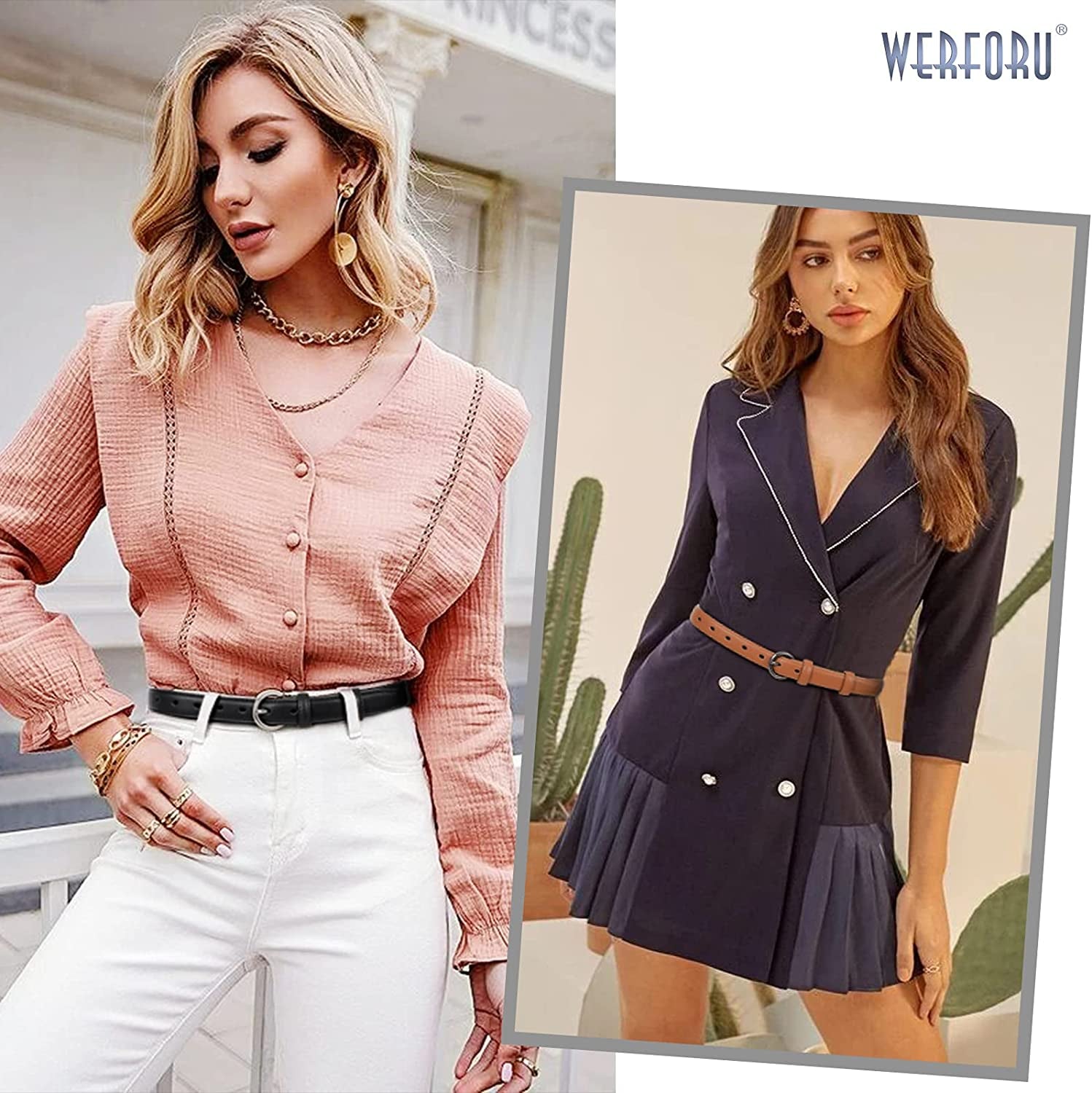 WERFORU 2 Pack Women Leather Belt Waist Skinny Dress Belts Solid Pin Buckle Belt for Jeans Pants Apparel & Accessories > Clothing Accessories > Belts WERFORU