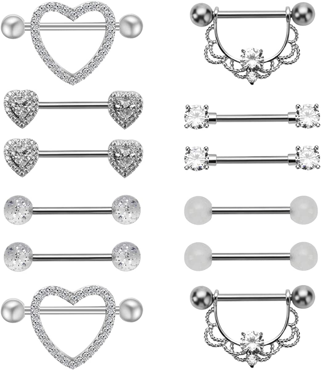 NASAMA Stainless Steel Acrylic Nipple Rings Tongue Ring CZ Barbell Heart-Shape Piercing Body Jewelry Apparel & Accessories > Jewelry > Body Jewelry NASAMA 6pair Steel color